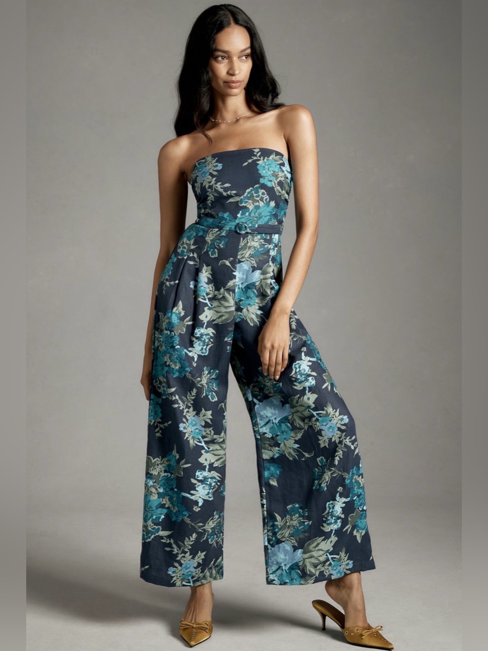 Faithfull the Brand Alegrias Linen Floral Jumpsuit XS Navy Blue Strapless Chic